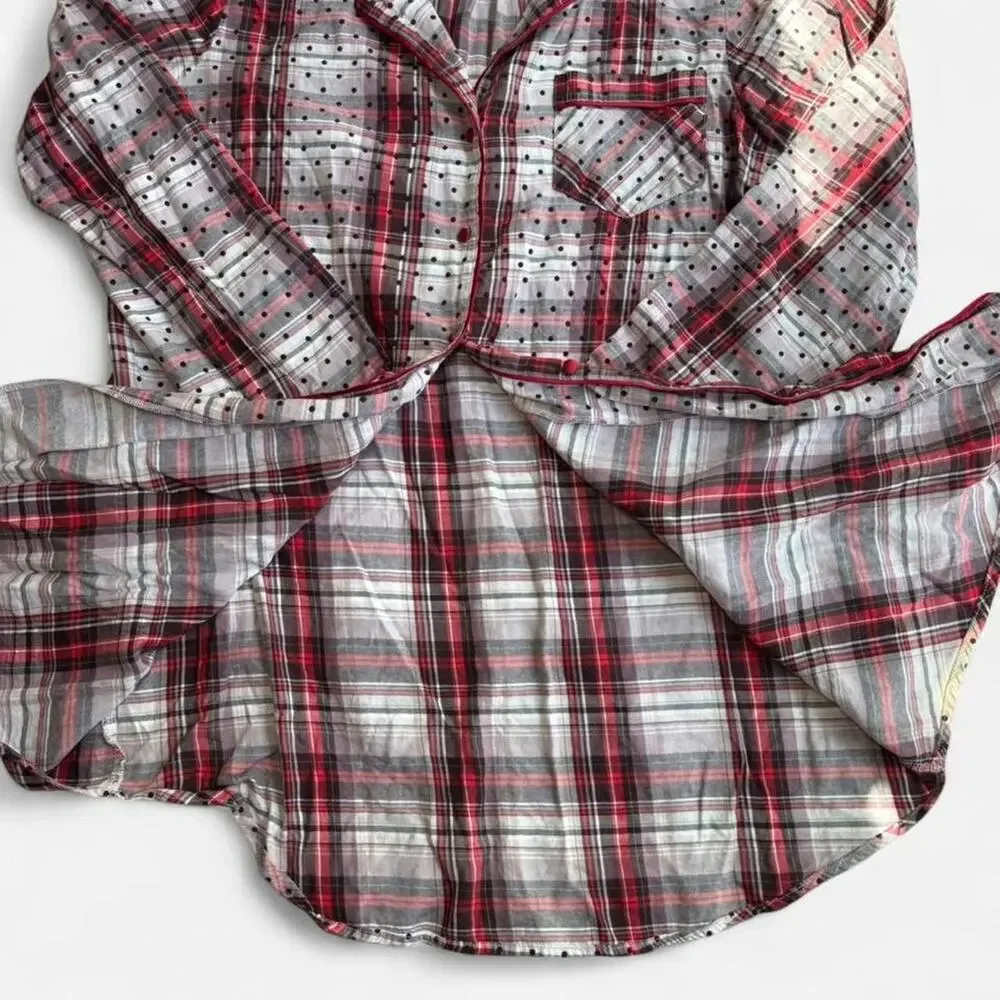 Victoria's Secret Women's Sleep Shirt L Red White Plaid Polka Dot Casual Cozy